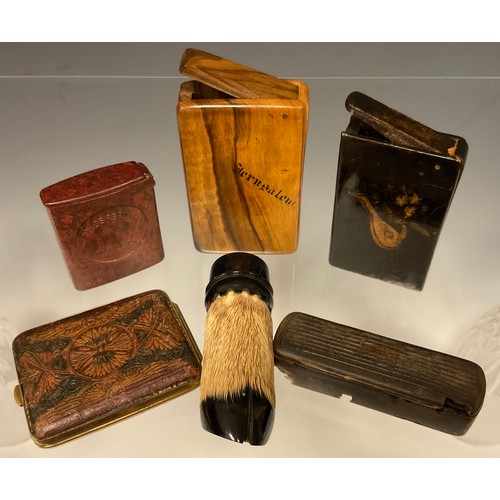 541 - A rectangular olive wood box; a rectangular painted green vesta; another as an animal's hoof; etc (6... 