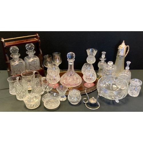 273 - Glass - Secured decanter holder , cut glass ship decanter with four conforming brandy glasses and tr... 