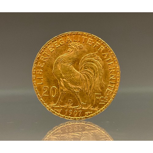 637 - A 20 Francs gold coin, Third Republic, 1907, 6.4g.