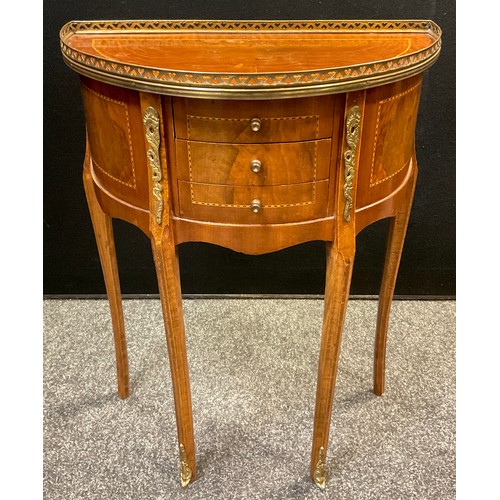 416 - A reproduction Louis XV style mahogany Demi-lune hall or side table, pierced brass gallery, three sm... 