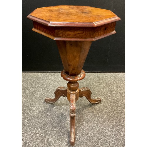 417 - A Victorian burr walnut trumpet workbox, octagonal shaped top and storage compartment, turned and ca... 