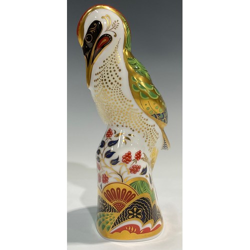 6 - A Royal Crown Derby paperweight, Green Woodpecker, gold stopper, 17.5cm, printed mark in red