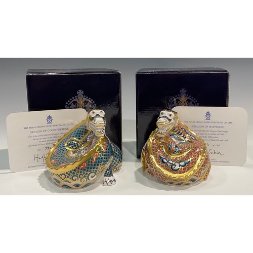 8 - A pair of Royal Crown Derby paperweights, Millennium Dragons, Dragon of Happiness and Dragon of Good... 