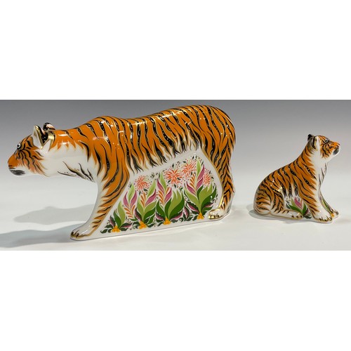 10 - A pair of Royal Crown Derby paperweights, Sumatran Tigress and Sumatran Tiger Cub, gold stoppers, ea... 