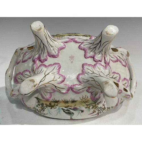 15 - A pair of porcelain fluted oval tureens and covers decorated in polychrome with birds and flowers, p... 