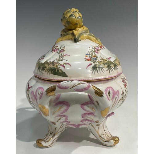 15 - A pair of porcelain fluted oval tureens and covers decorated in polychrome with birds and flowers, p... 