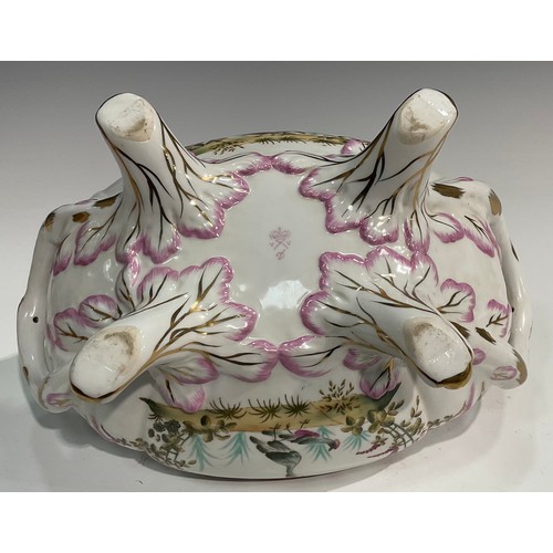 15 - A pair of porcelain fluted oval tureens and covers decorated in polychrome with birds and flowers, p... 