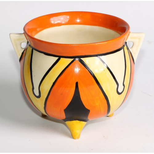 26 - A Clarice Cliff Bizarre Keyhole pattern two handled cauldron, painted with bold geometric shapes in ... 