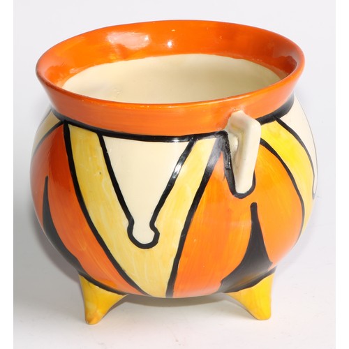 26 - A Clarice Cliff Bizarre Keyhole pattern two handled cauldron, painted with bold geometric shapes in ... 