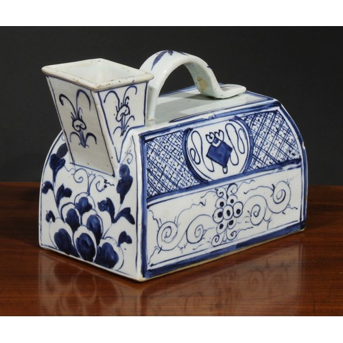 39 - A Chinese water carrier, square spout, strap handle, painted in tones of underglaze blue with scroll... 