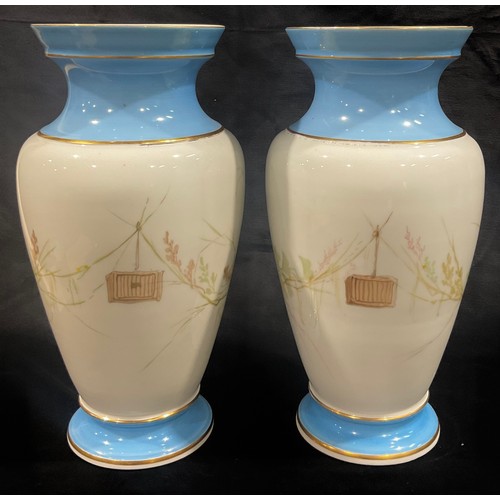 56 - A pair of continental pedestal ovoid opaque glass vases, printed and painted with a pair of Low Coun... 