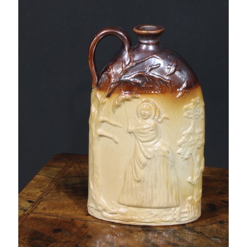 64 - A Stephen Green Lambeth brown and buff salt glazed stoneware flask, moulded in relief with named dep... 