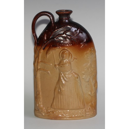 64 - A Stephen Green Lambeth brown and buff salt glazed stoneware flask, moulded in relief with named dep... 