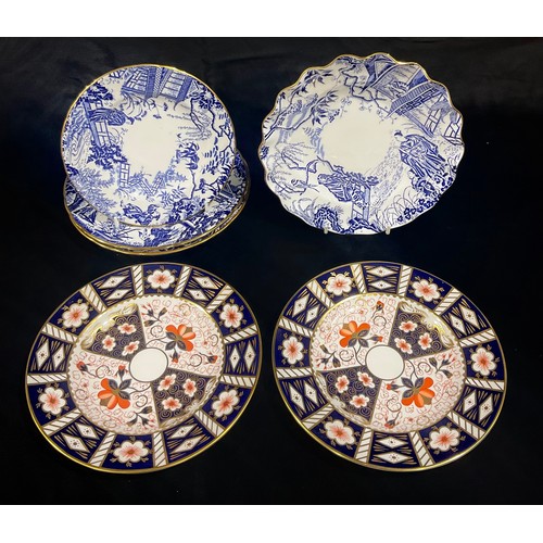 86 - A pair of Royal Crown Derby Imari 2451 pattern side plates, 22cm, second quality; a Mikado pattern s... 