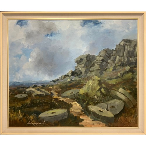 11 - George Cunningham (bn. 1924), Grind-stones, Stanage Edge, signed, dated 1975, oil on board, 63cm x 7... 