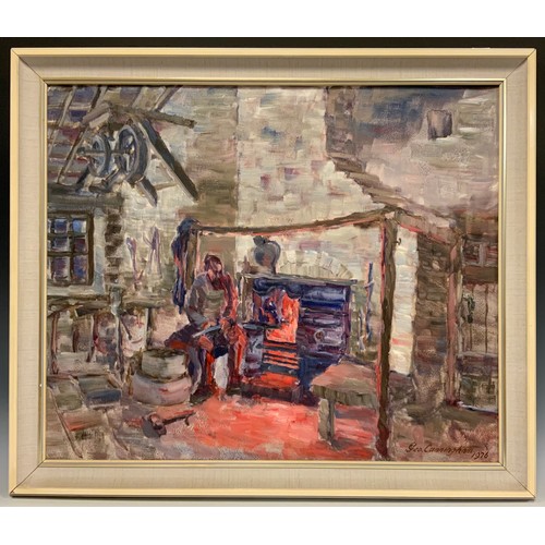 9 - George Cunningham (bn. 1924), The Blacksmith, signed, dated 1976, oil on canvas, 50cm x 60cm.
