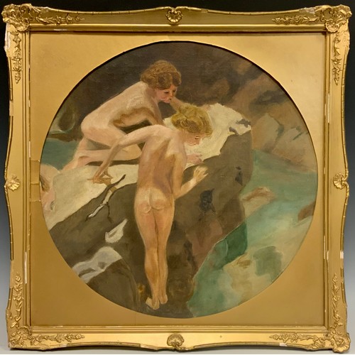32 - In the manner of Henry Scott Tuke, working sketch in oil, Young Girls Rock-pooling, unsigned, oil on... 