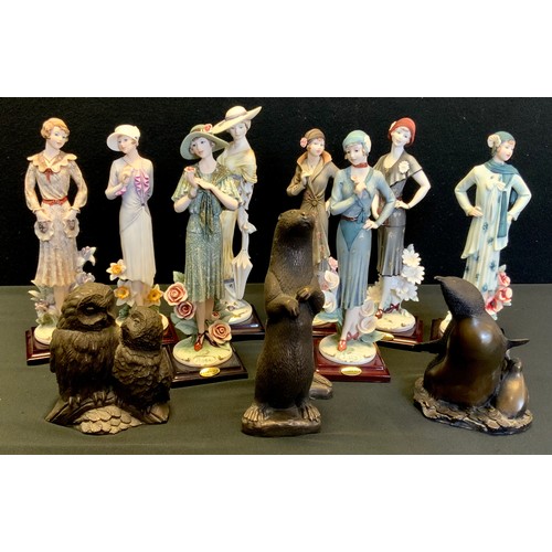 85A - A set of eight Capodimonte figures, Elegance Girls;  three bronze coloured animals