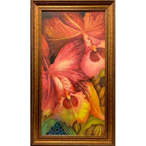 132 - Narong Daun (Borneo, Bn 1970), Cymbidium Orchids Vibrant Colour, signed, batik painting on silk, 78c... 