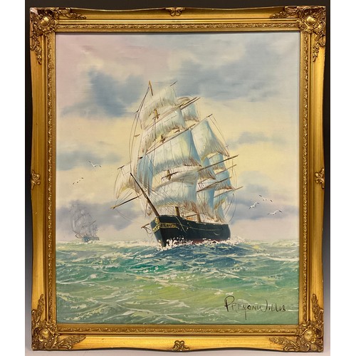 135 - Preston Willis, 
Tall Ships at Sea, 
signed, oil on canvas, 60.5cm x 50.5cm.