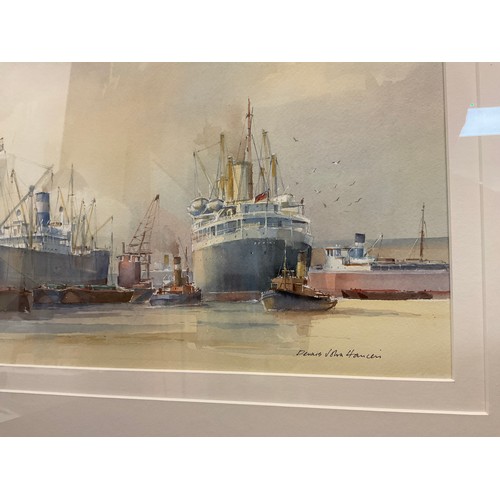 139 - Dennis John Hanceri (1928-2011), Cruise Liner and Tugs, signed, watercolour, 26cm x 37.5cm.