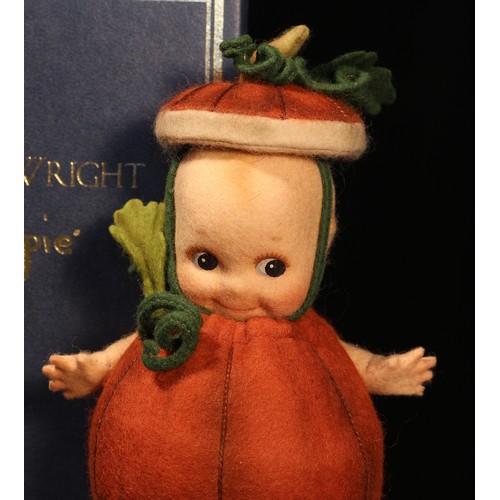 6104 - An R.John Wright miniature Kewpie Pumpkin felt doll, cardboard tag to reverse, 18cm high, boxed, No.... 