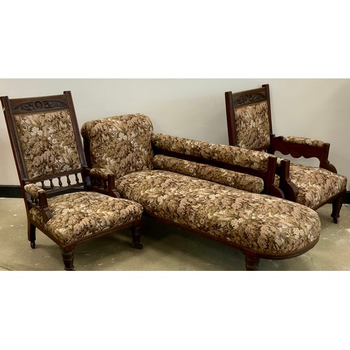 75 - A late Victorian mahogany Chaise lounge, 84cm high x 186.5cm long x 65cm deep, and a conforming pair... 