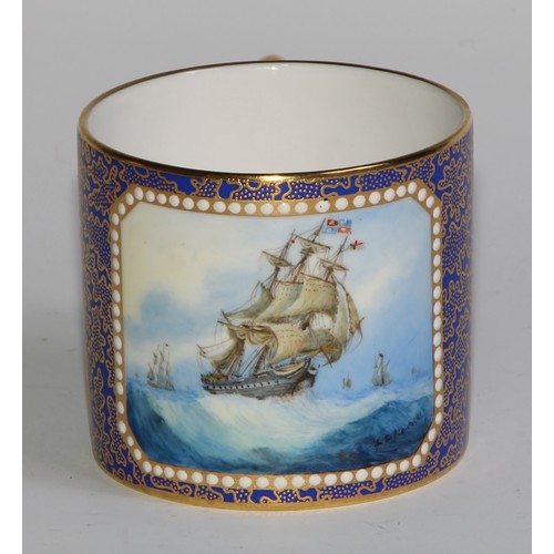 10 - A Lynton porcelain cabinet coffee can and stand, painted by Stefan Nowacki, signed, with a Dutch shi... 