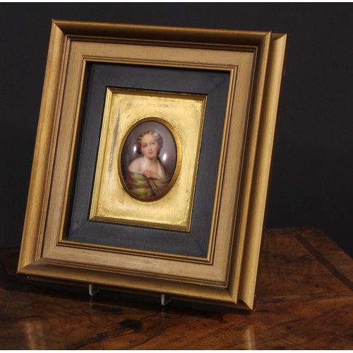 23 - A 19th century Continental porcelain portrait plaque, painted with a young girl in a green shawl, ov... 