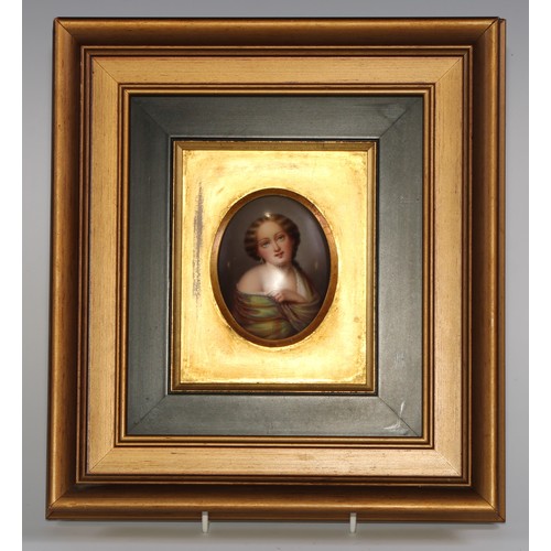 23 - A 19th century Continental porcelain portrait plaque, painted with a young girl in a green shawl, ov... 