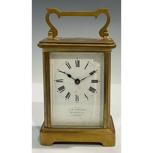 30 - A lacquered brass five glass carriage clock, white enamel dial, Roman numerals, J B Yabsley, Ludgate... 