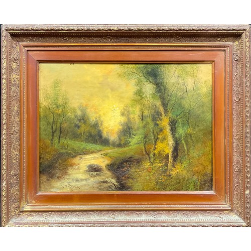 55 - G Walters  
Woodland Scene with Stream 
signed, oil on canvas, 37cm x 49.5cm