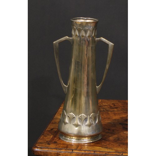 46 - A W.M.F. Art Nouveau Jugendstil silver plated two handled vase, Ginkgo design, of spreading cylindri... 