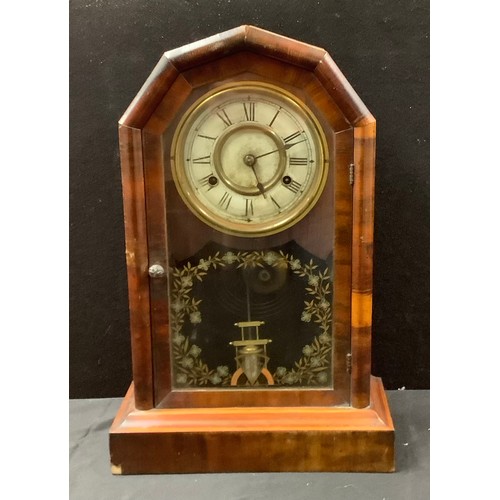 47 - A late 19th century American mantel clock, Roman  numerals, twin winding holes, glazed door transfer... 