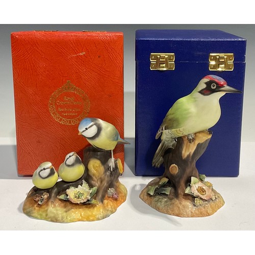 65 - A Royal Crown Derby model, of a Blue Tit and Chicks, cased; another, Green Woodpecker, cased (2)