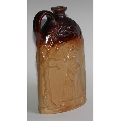 71 - A Stephen Green Lambeth brown and buff salt glazed stoneware flask, moulded in relief with named dep... 