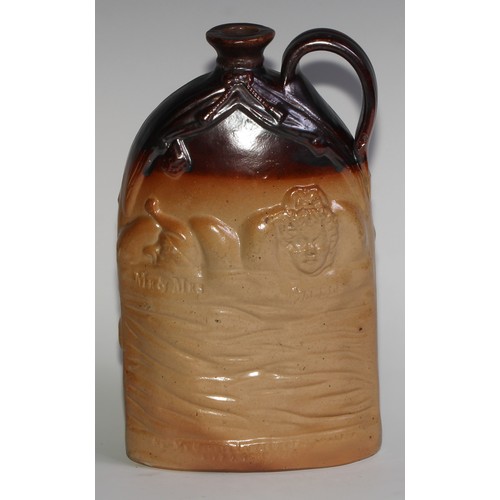 71 - A Stephen Green Lambeth brown and buff salt glazed stoneware flask, moulded in relief with named dep... 