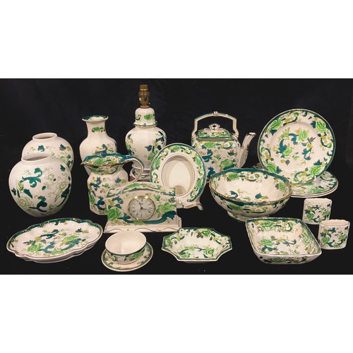 82 - Mason's Chartreuse pattern ceramics, comprising teapot, vases, plates, table lamp etc