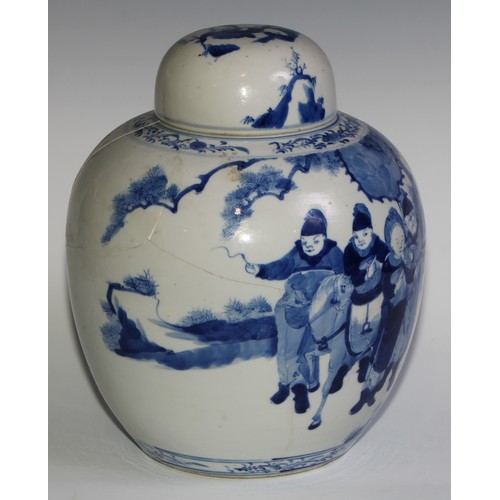 90 - A large Chinese ovoid ginger jar and cover, painted in tones of underglaze blue with figures, 31cm h... 