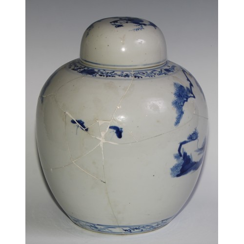 90 - A large Chinese ovoid ginger jar and cover, painted in tones of underglaze blue with figures, 31cm h... 