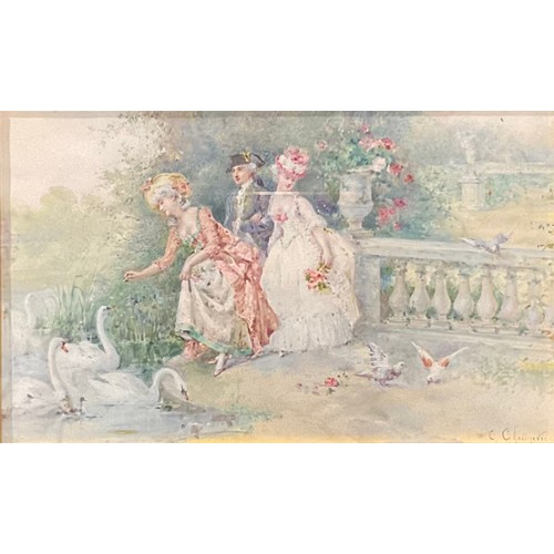 93 - Cecile Chenneviere (Bn.1851)
Courtly Romance, Feeding the Swans
signed, watercolour, 12.5cm x 20cm