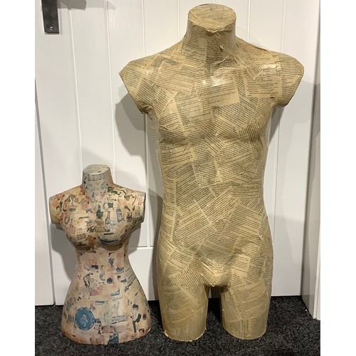 121 - Interior Design - mannequin art, a decoupage male torso, erotic literature, 92cm; a smaller female t... 