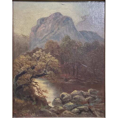 122 - Jameson  
Mountainous Lake Scene  
signed, oil on canvas, 24.5c, x 19.5cm