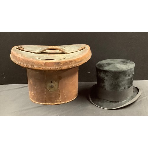 127 - A moleskin top hat, 20cm x 16cm interior, 16cm high, in a brown leather top hat box