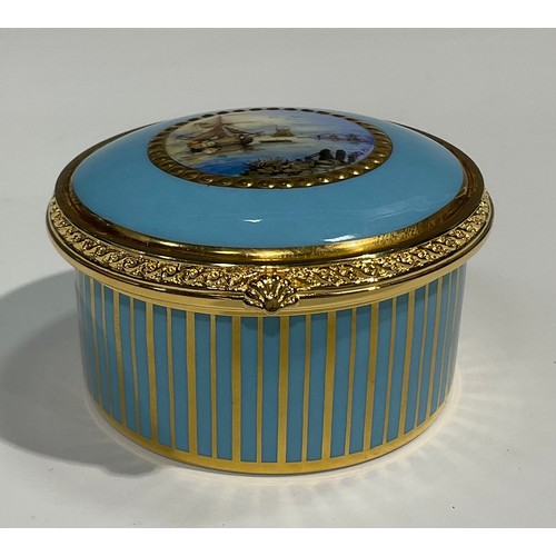 133 - A Lynton porcelain circular table box, painted by Stefan Nowacki, signed, with schooners off the coa... 