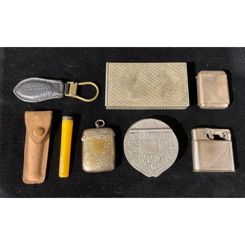 164 - Boxes and Objects - vesta cases; a pewter snuff box; a lighter; etc
