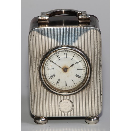 227 - An Edwardian silver and tortoiseshell miniature carriage timepiece, 3.5cm circular clock dial with R... 