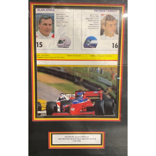 248 - Sport, F1 Grand Prix, Autographs - a programme page signed in pen by Alan JONES; others including Ja... 