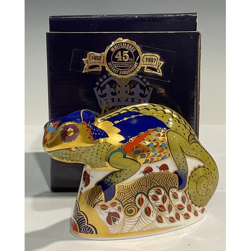 174 - A Royal Crown Derby paperweight, Chameleon, gold stopper 9cm high, red printed marks and stamp on th... 