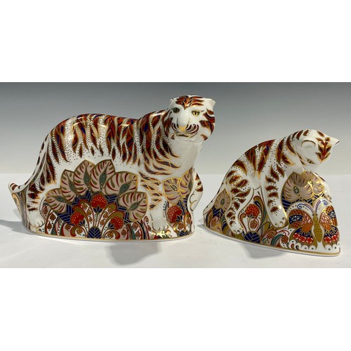 177 - A pair of Royal Crown Derby paperweights, Bengal Tiger, gold stopper and Bengal Tiger Cub, gold stop... 